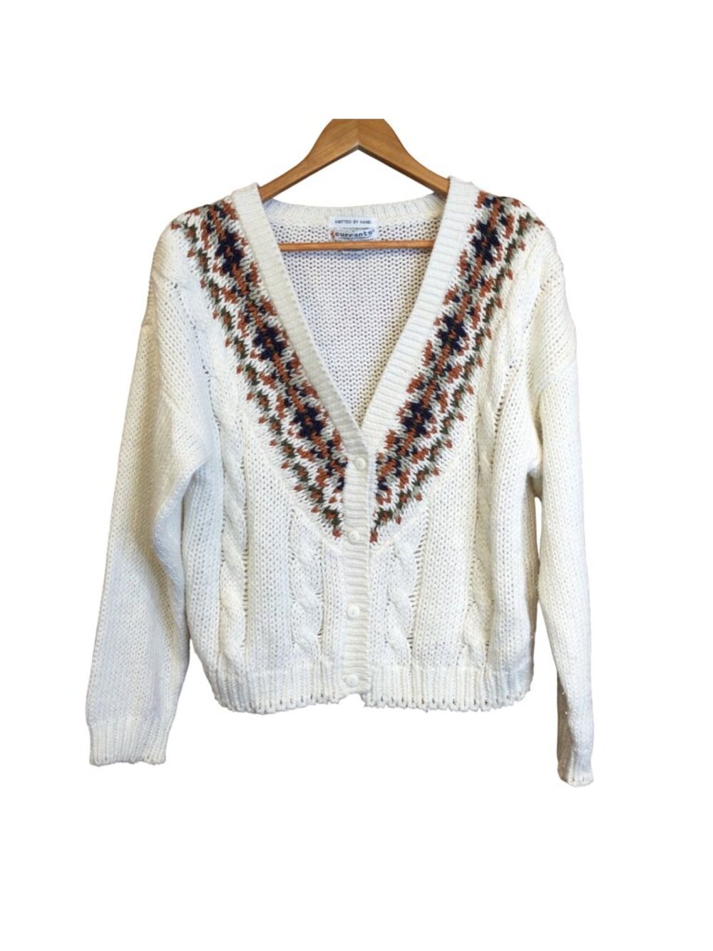 Vintage Currants Hand Knitted Cardigan Sweater Nordic Pattern Cable Knit Size L